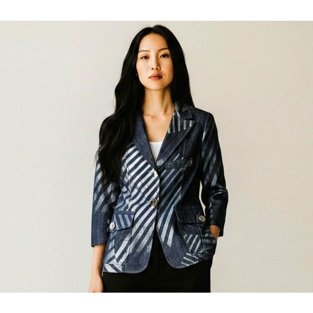 Custo Barcelona Metallic Stripe Denim Look Blazer Jacket Size S Made in Spain
